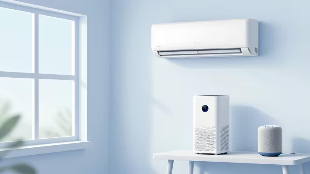 Illustration éditoriale d'un intérieur smart home moderne avec un climatiseur de fenêtre, un purificateur d'air et un haut-parleur vocal sur une table minimaliste.
