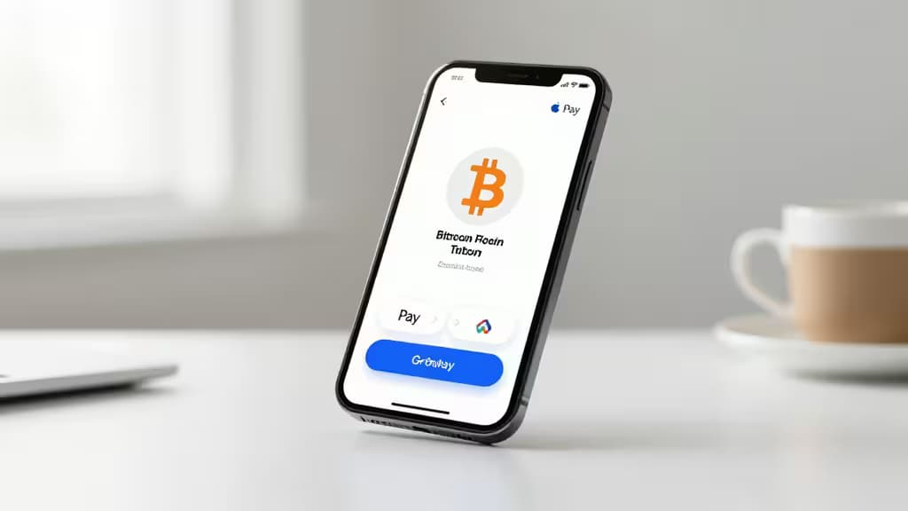 Un smartphone negro muestra una pantalla de compra de Bitcoin con opciones de Apple Pay y Google Pay, sobre un escritorio blanco junto a una taza de café.