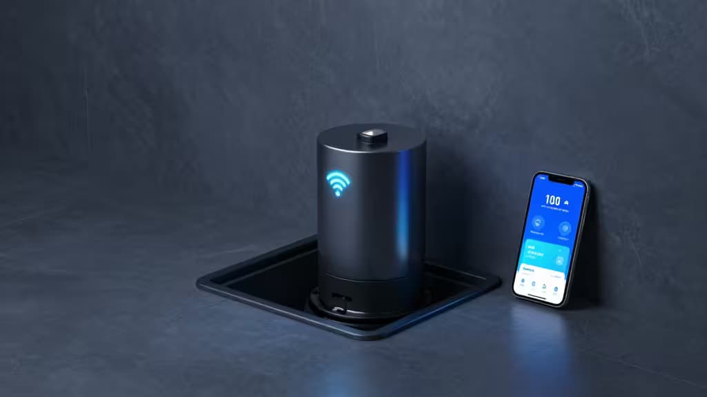 スマートホームの地下室に設置されたサンプポンプピットと、水位アラートを表示するスマートフォン