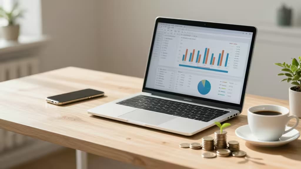Moderne Schreibtischszene mit Laptop, auf dem Finanzdiagramme zu sehen sind, daneben wachsende Münzen als Pflanze — symbolisiert High-Yield-Sparkonten für kleine Unternehmen.