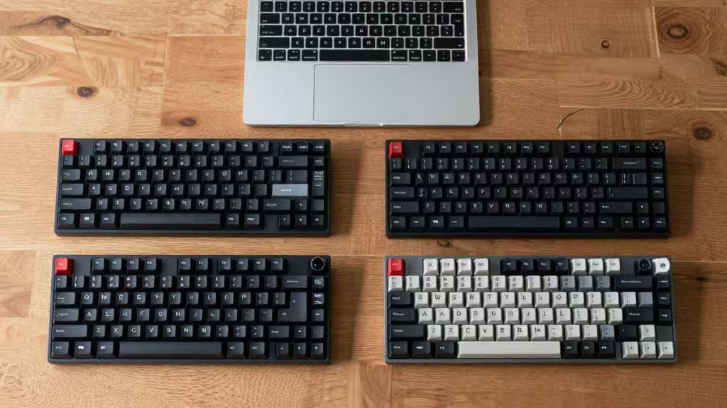 Quatre claviers mécaniques compacts avec switches rouges et dispositions compatibles Mac posés sur une surface en bois.