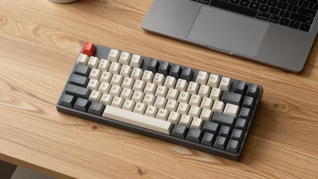A compact Alice-layout mechanical keyboard with low-profile keycaps sits on a wooden desk beside a silver laptop.