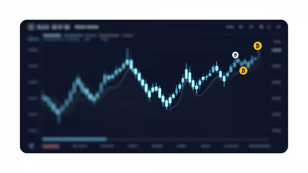 Abstract financial dashboard with glowing candlestick charts and cryptocurrency symbols over a dark navy background