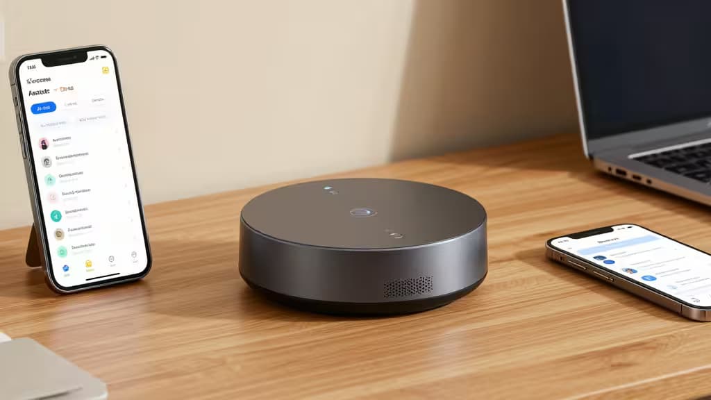 Zigbee-хаб на деревянном столе рядом со смартфонами с интерфейсом Home Assistant
