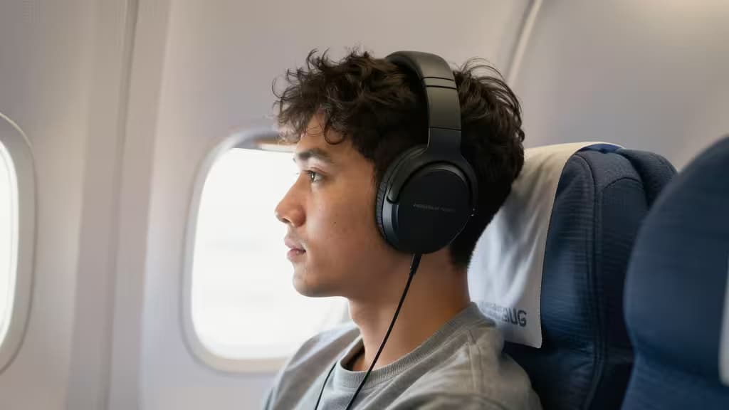 Un joven con auriculares over-ear negros de cancelación de ruido sentado junto a la ventanilla de un avión, con luz suave de cabina.