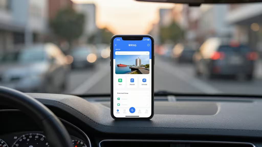 Smartphone displaying banking app on car dashboard, with blurred city traffic in background.