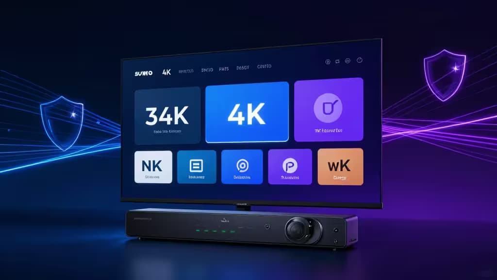 Un projecteur et un écran TV affichent des options de streaming 4K, encadrés par des icônes de bouclier lumineuses symbolisant la sécurité réseau.