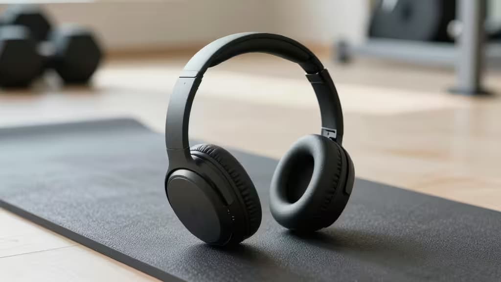 Casque audio sans fil posé sur un tapis de gym dans une salle de sport lumineuse et moderne