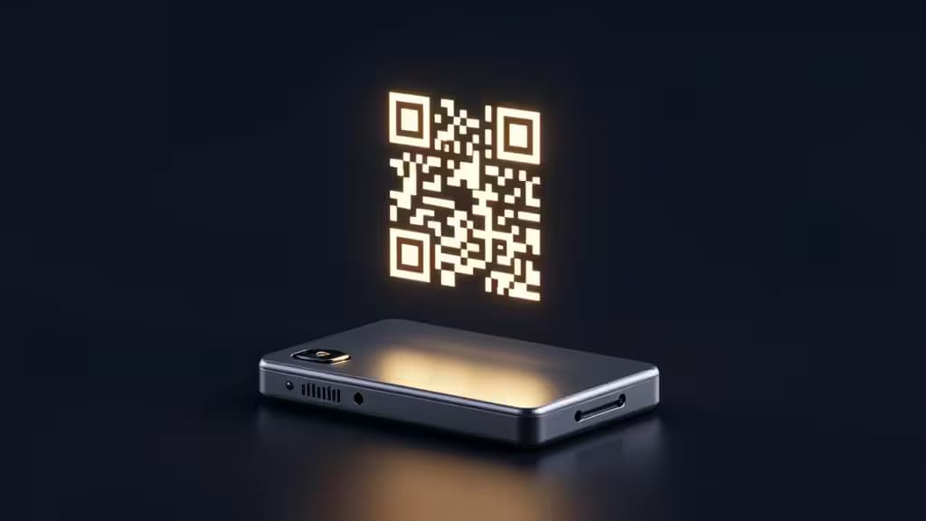 Sleek metallic hardware wallet projects glowing golden QR code against dark background.