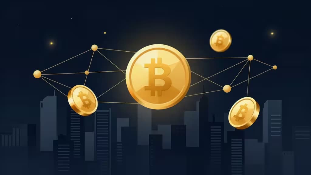 Glowing Bitcoin coins connect via network lines over a dark city skyline, symbolizing blockchain-enabled real-world asset tokenization.