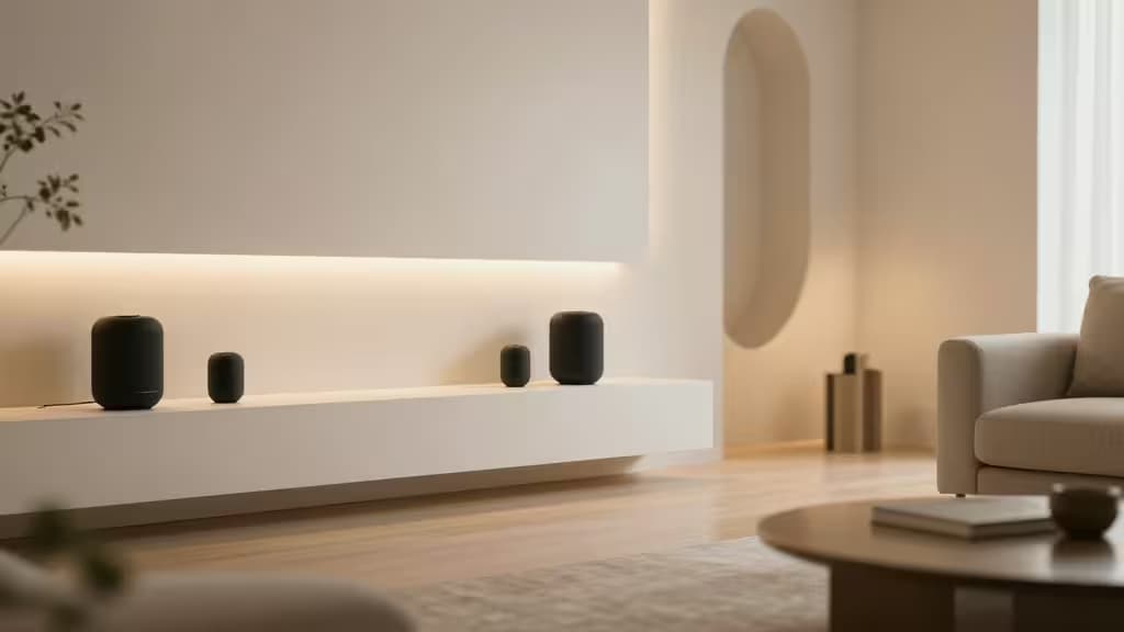 Black smart speakers on white floating shelf in minimalist living room with warm lighting.