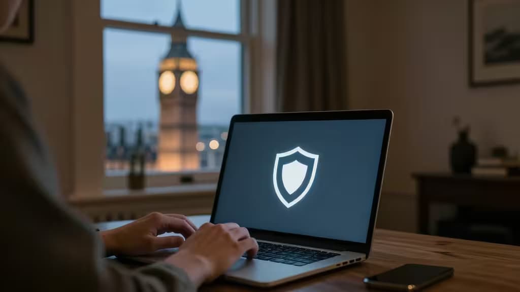 Person types on laptop displaying shield icon, Big Ben visible through London flat window.