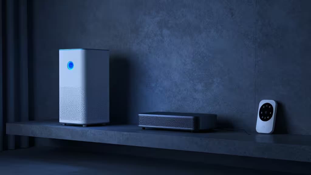 A dimly lit modern basement with a sleek air purifier, a mesh network hub on a shelf, and a small environmental sensor mounted on a concrete wall, illuminated by cool blue ambient lighting.
