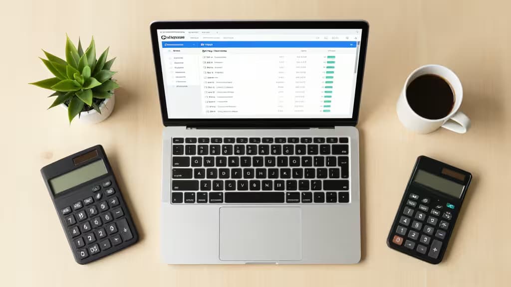 Laptop displays savings dashboard, flanked by calculators and coffee, symbolizing freelance financial planning.
