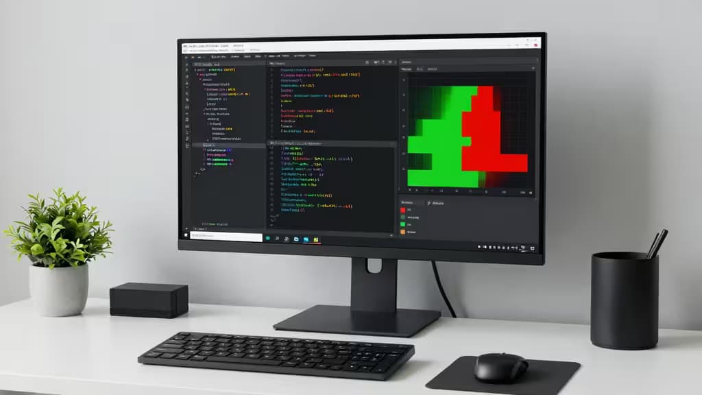 Un écran moderne affiche du code TypeScript avec une carte de chaleur de couverture verte et rouge, entouré d'une plante verte et d'accessoires de bureau minimalistes.