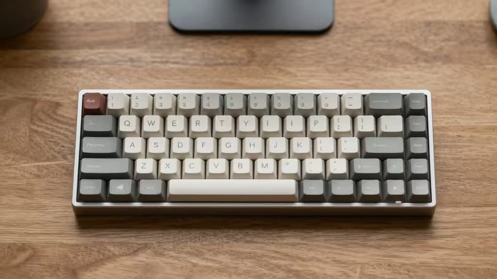 A compact 60% mechanical keyboard with cream and gray keycaps sits on a wooden desk, ideal for small hands.
