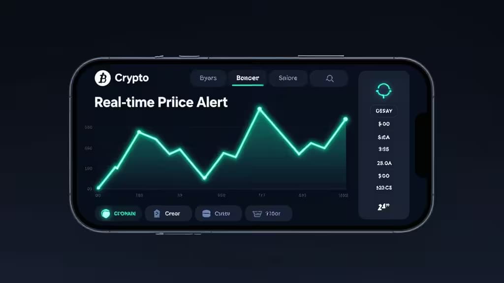 Smartphone displays glowing crypto price chart with real-time alert interface on dark screen.