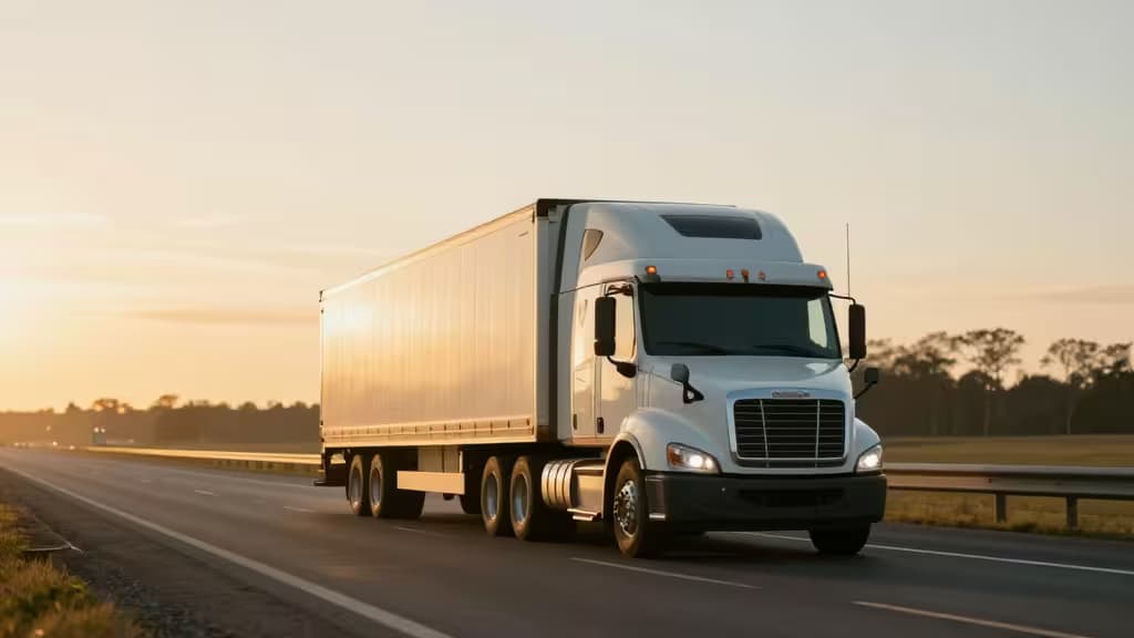 A semi truck driving on an open highway at dawn with warm golden light