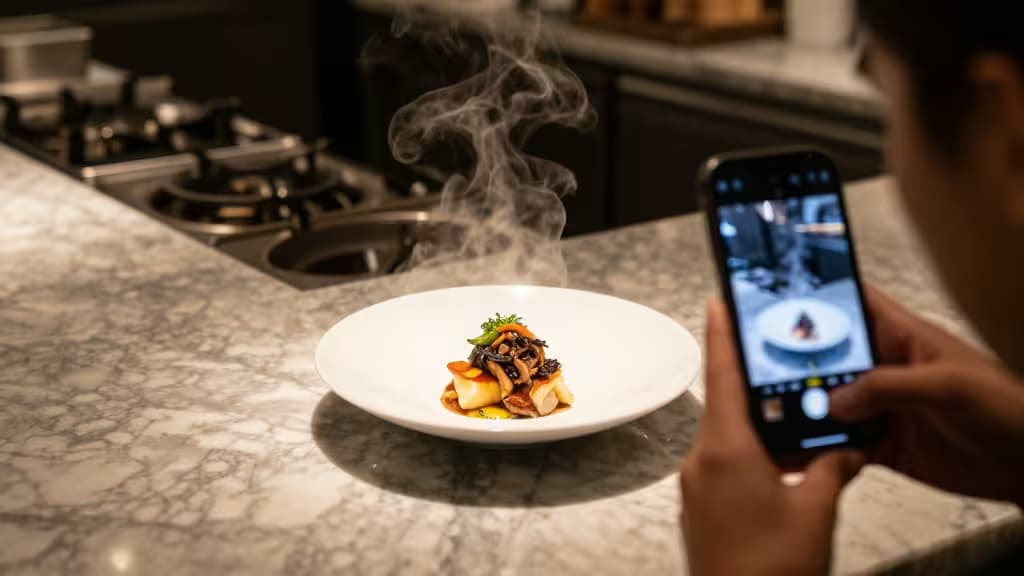 A person photographs a steaming, artfully plated dish on a marble countertop in a professional kitchen.