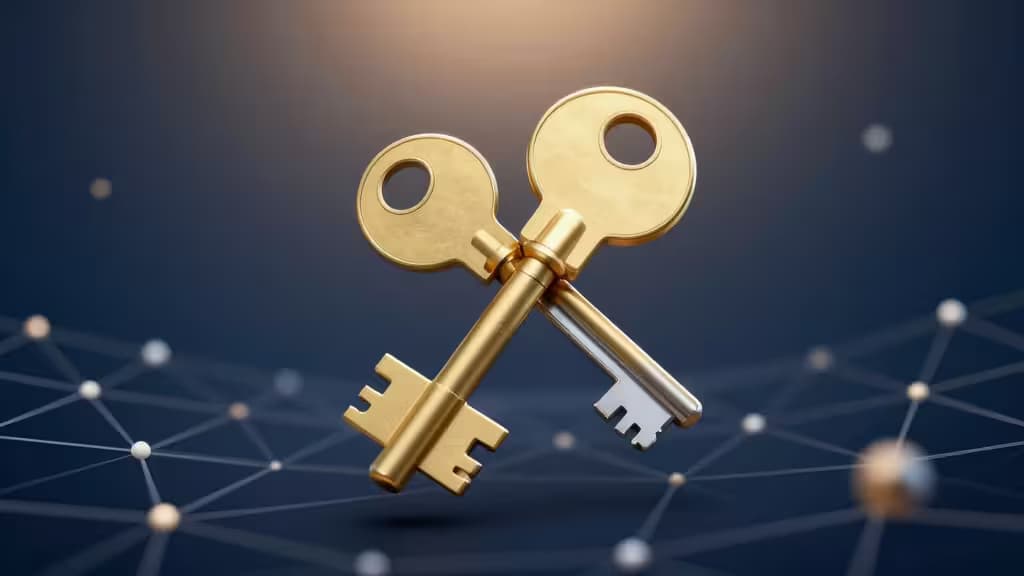 Two golden keys cross over a digital network, symbolizing secure crypto inheritance access.