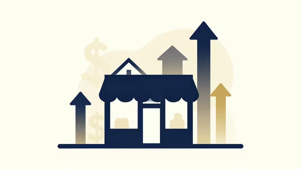 Abstrakcyjna ilustracja finansowania małej firmy — minimalistyczna kompozycja z sylwetką sklepu, strzałkami wzrostu i motywami dolara w tonach granatu i złota