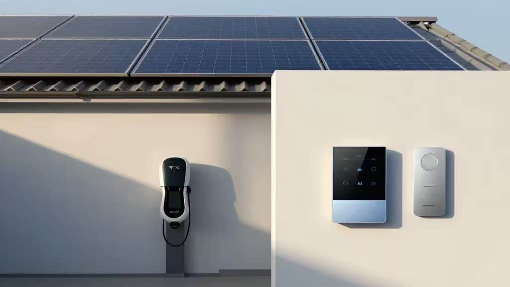 Solar panels crown the roof above a Tesla charger, smart thermostat, and sleek wall control on a sunlit modern home exterior.