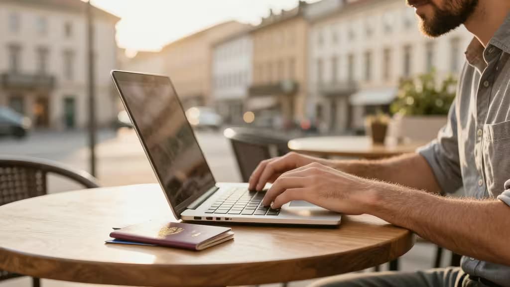 Bearded man types on laptop at wooden café table, passport beside him, city blurred behind.