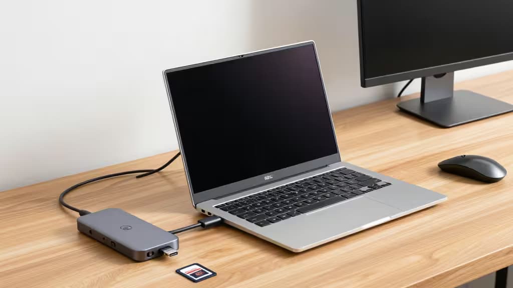 Silver Dell XPS laptop connects to compact USB-C hub on light wood desk.