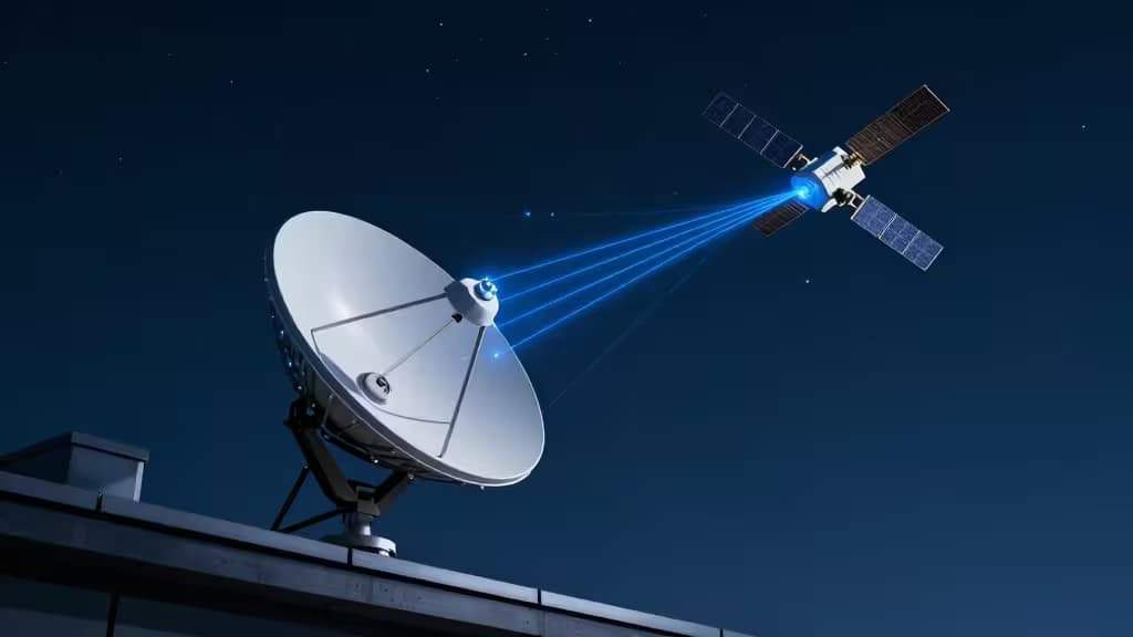 Une antenne satellite blanche sur un toit émet des signaux laser bleus vers un satellite en orbite sur un ciel étoilé.