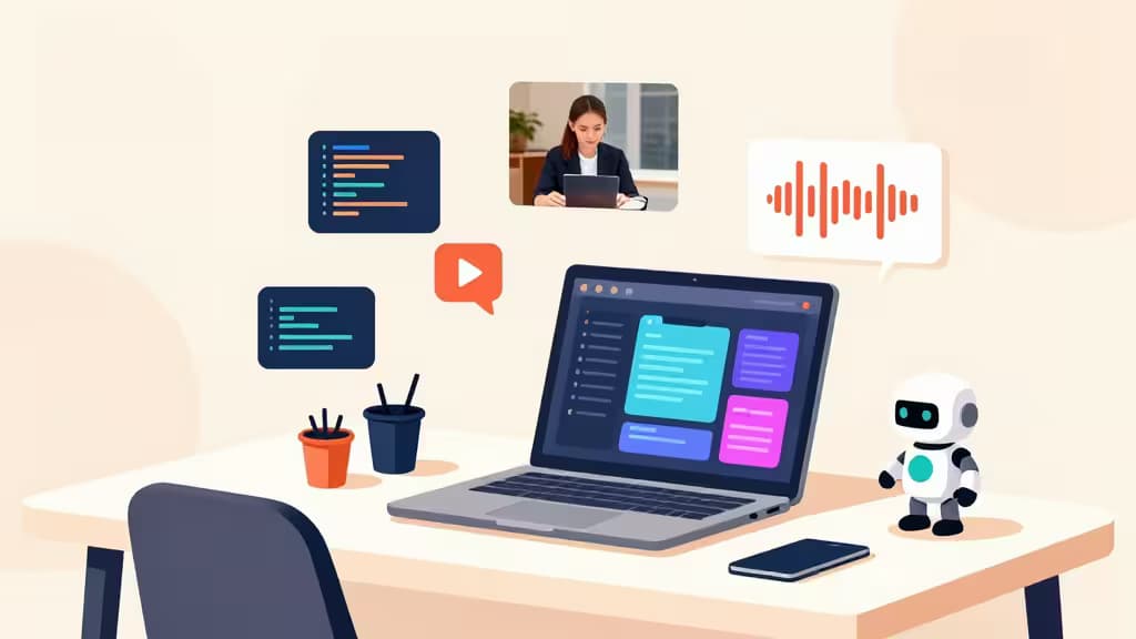 Laptop displays AI tools while floating icons represent coding, video, voice, and a robot assistant on a clean desk.