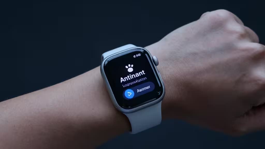Apple Watch am Handgelenk mit geöffneter 2FA-App, die einen sechsstelligen Code anzeigt – modernes Tech-Setup mit dezentem blauen Lichtakzent