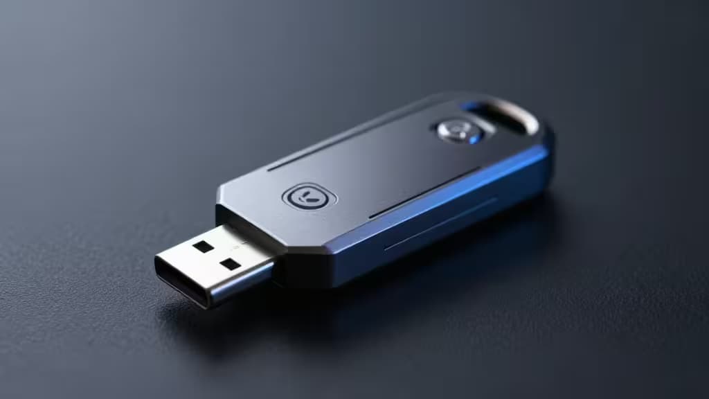 Ein USB-C Hardware-Security-Key auf dunkler Oberfläche mit blauer Akzentbeleuchtung