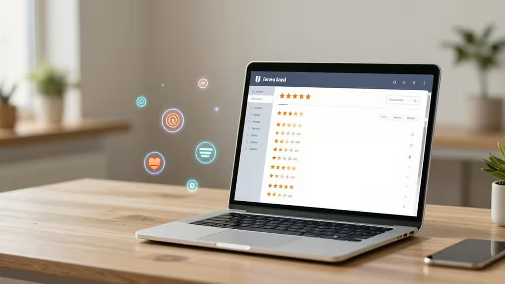 Laptop displays AI-driven review analytics with floating icons on a wooden desk.