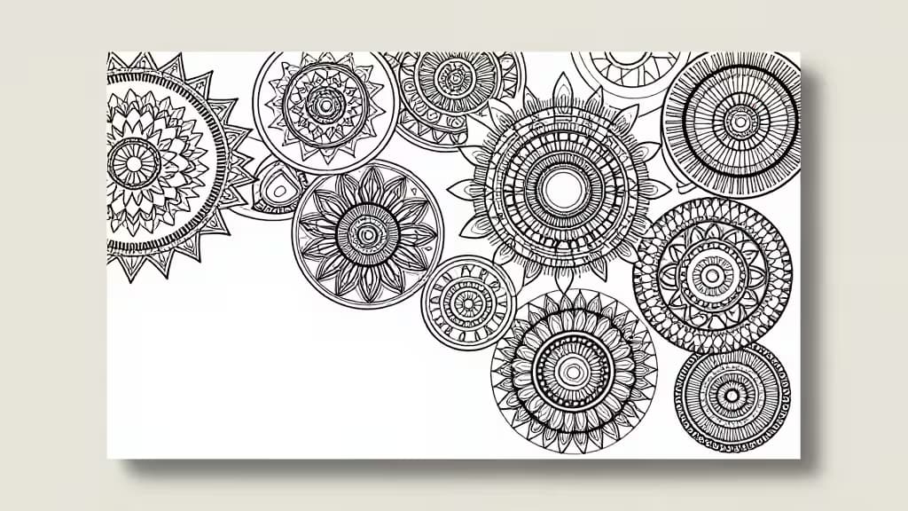 Composition artistique abstraite représentant des motifs de mandala en noir et blanc se transformant en éléments numériques colorés