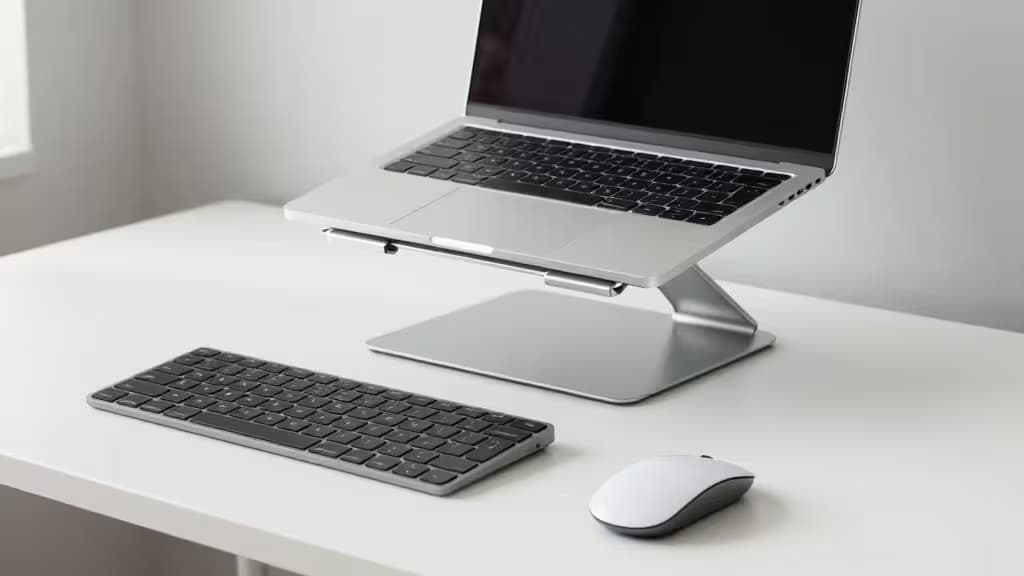 Portatile argento sollevato su supporto metallico minimalista, con tastiera wireless sottile e mouse ergonomico su scrivania bianca.