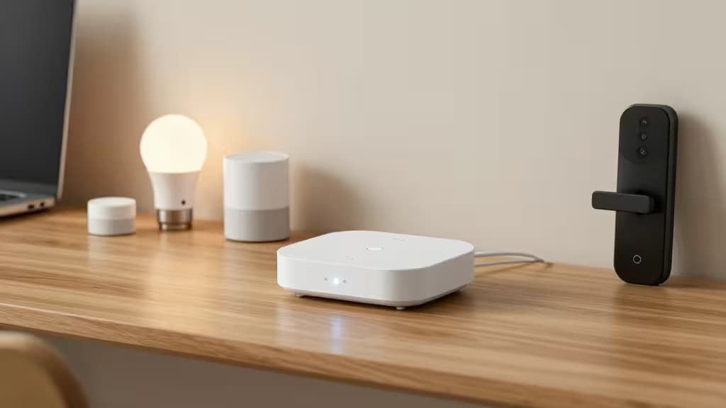 White Zigbee hub on wood desk, flanked by smart bulb and door lock.