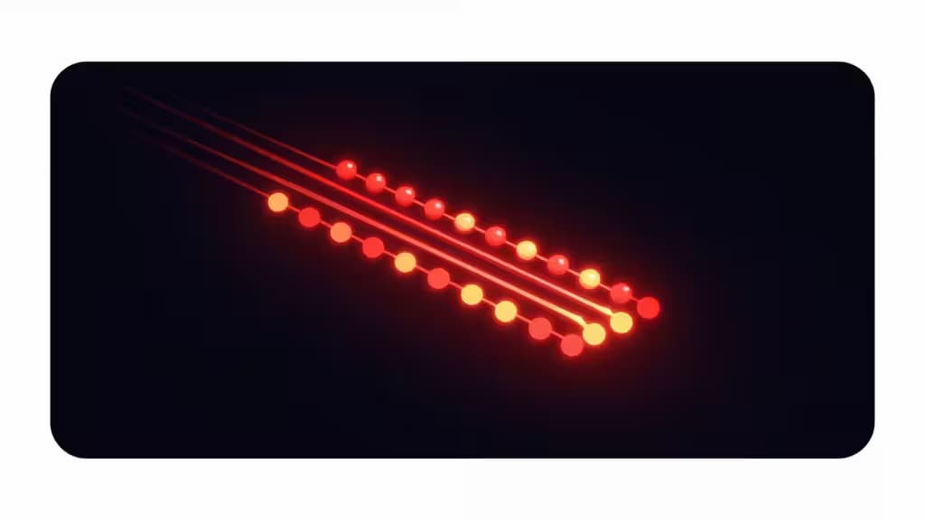 Nodos de datos en rojo y naranja brillan en diagonal sobre un fondo oscuro, simbolizando hosting Redis gestionado rápido y económico para startups.
