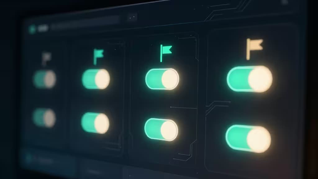 Glowing toggle switches with flag icons illuminate a dark tech interface, symbolizing affordable feature flag management for developers.