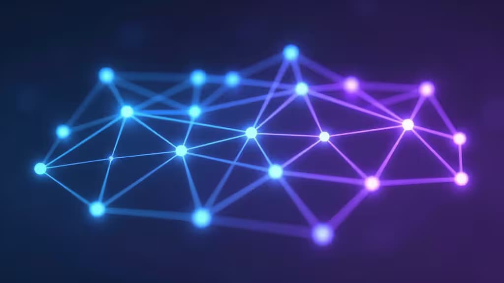 Glowing blue and purple nodes connected by luminous lines form a dynamic network structure.