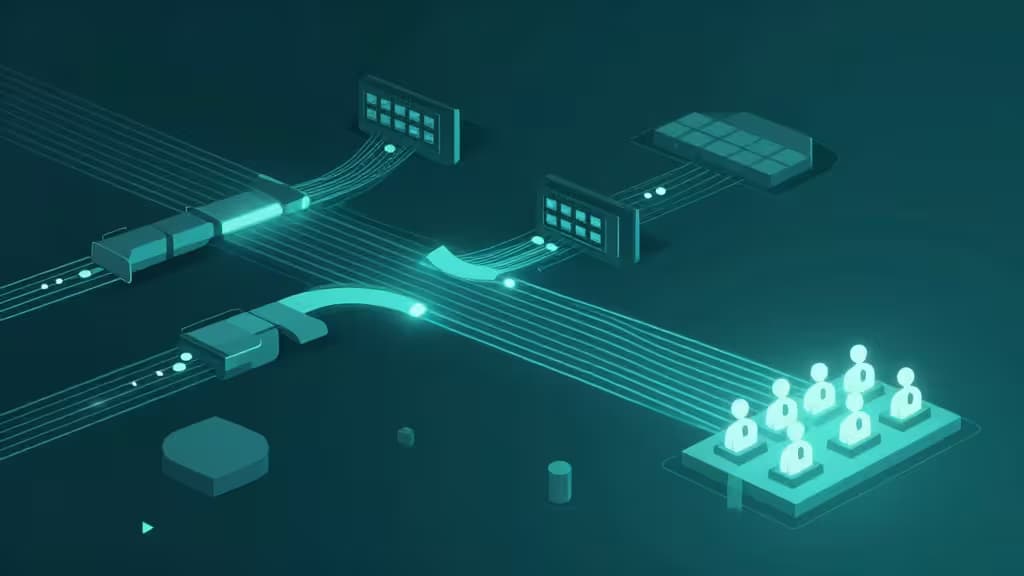 Illustration abstraite de pipelines de traitement de données et de files de tâches connectées par des flux lumineux sur fond bleu foncé