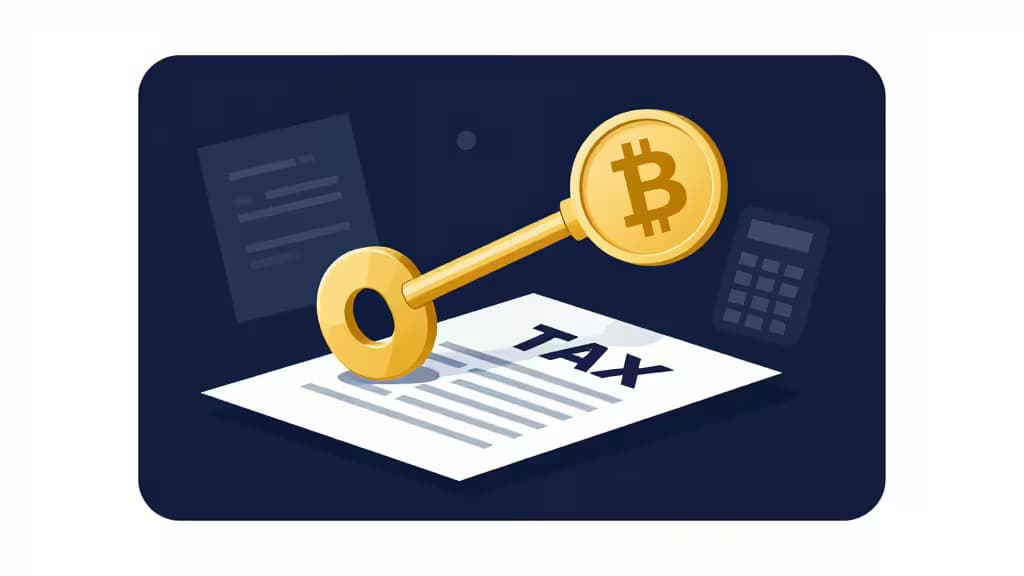 A golden Bitcoin-key rests on a tax form, flanked by documents and a calculator, symbolizing crypto estate tax solutions.