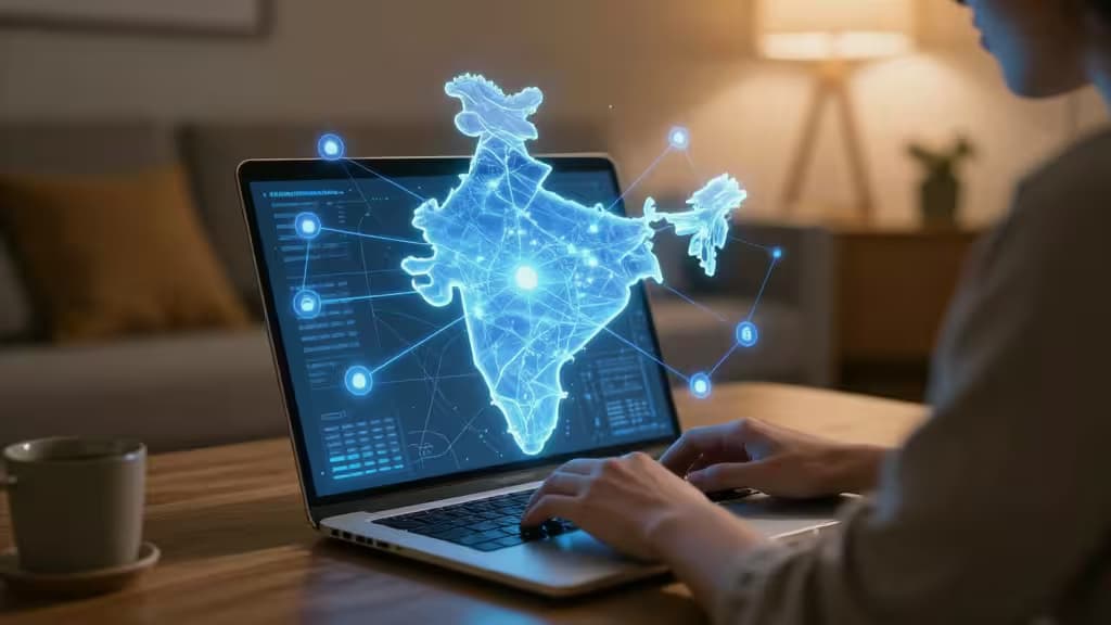Person types on laptop displaying glowing digital map of India with secure connection nodes.