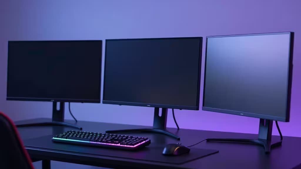 Three sleek gaming monitors with vibrant RGB keyboards and mice on a dark desk under purple ambient lighting.