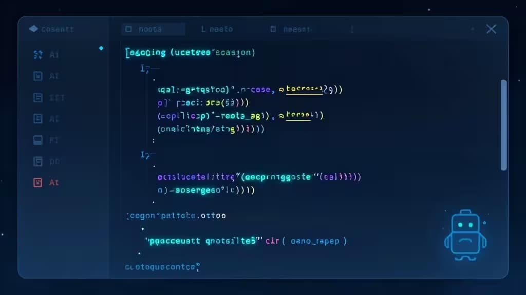 Dark UI screenshot shows AI code review interface with syntax-highlighted code and robot icon.