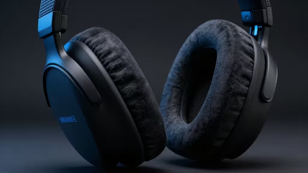 Premium gaming headset with oversized plush earcups in dark studio lighting with blue accent glow