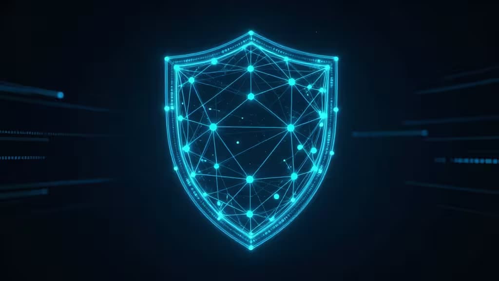Ein leuchtendes blaues digitales Schutzschild mit vernetzten Knotenpunkten symbolisiert sicheren, erschwinglichen VPN-Schutz für Streaming.