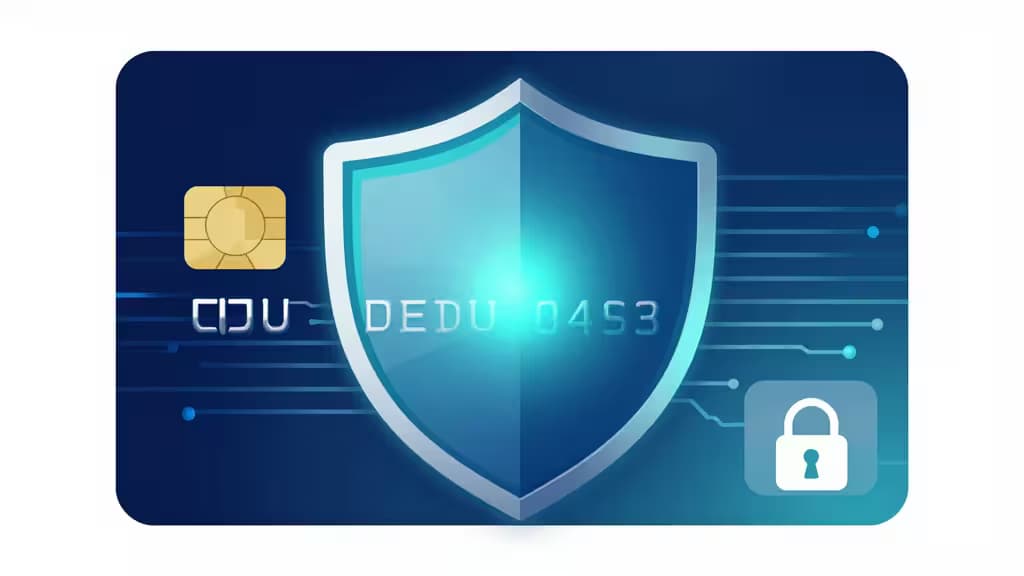 青いバーチャルクレジットカードに光る盾と南京錠が表示され、データ漏洩から実カード情報を保護する安全なオンライン決済を象徴するイメージ。