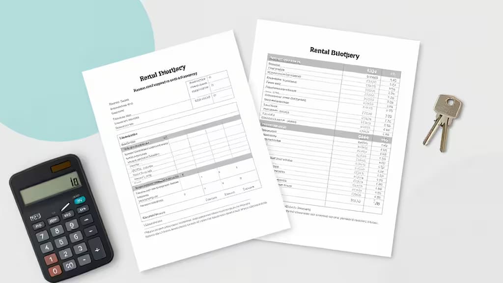 Paper rental expense reports, calculator, and keys rest on a white desk surface.
