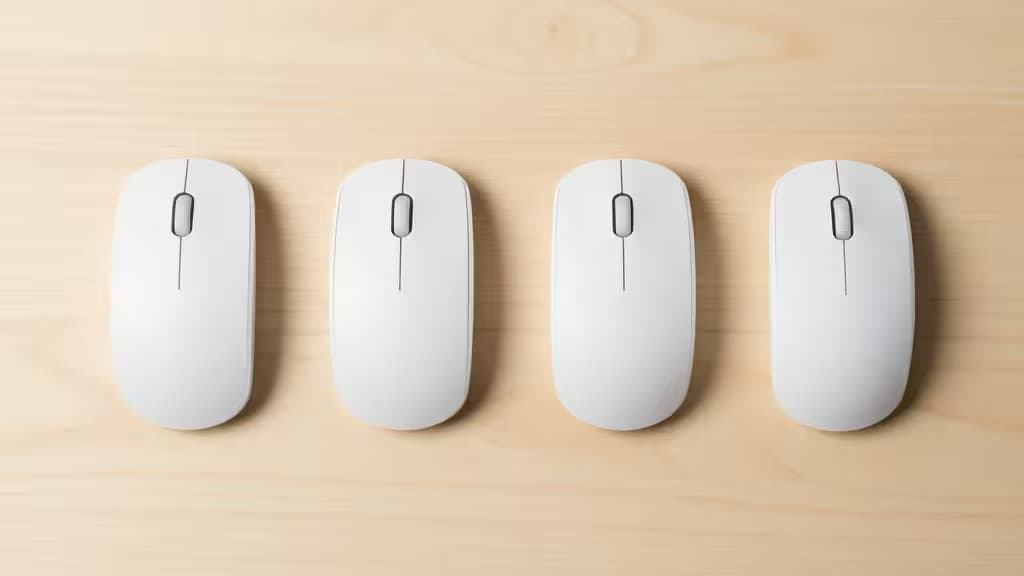Four white wireless mice with scroll wheels, arranged in a row on a light wood desk.