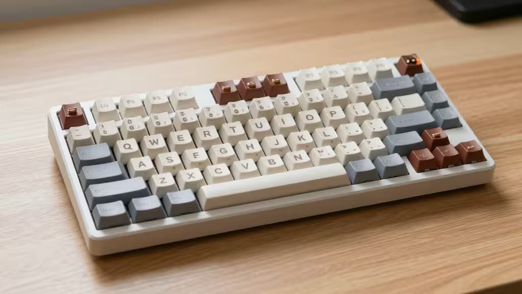 Kompakte mechanische Tastatur mit braunen, grauen und weißen Tastenkappen auf einem hellen Holztisch.